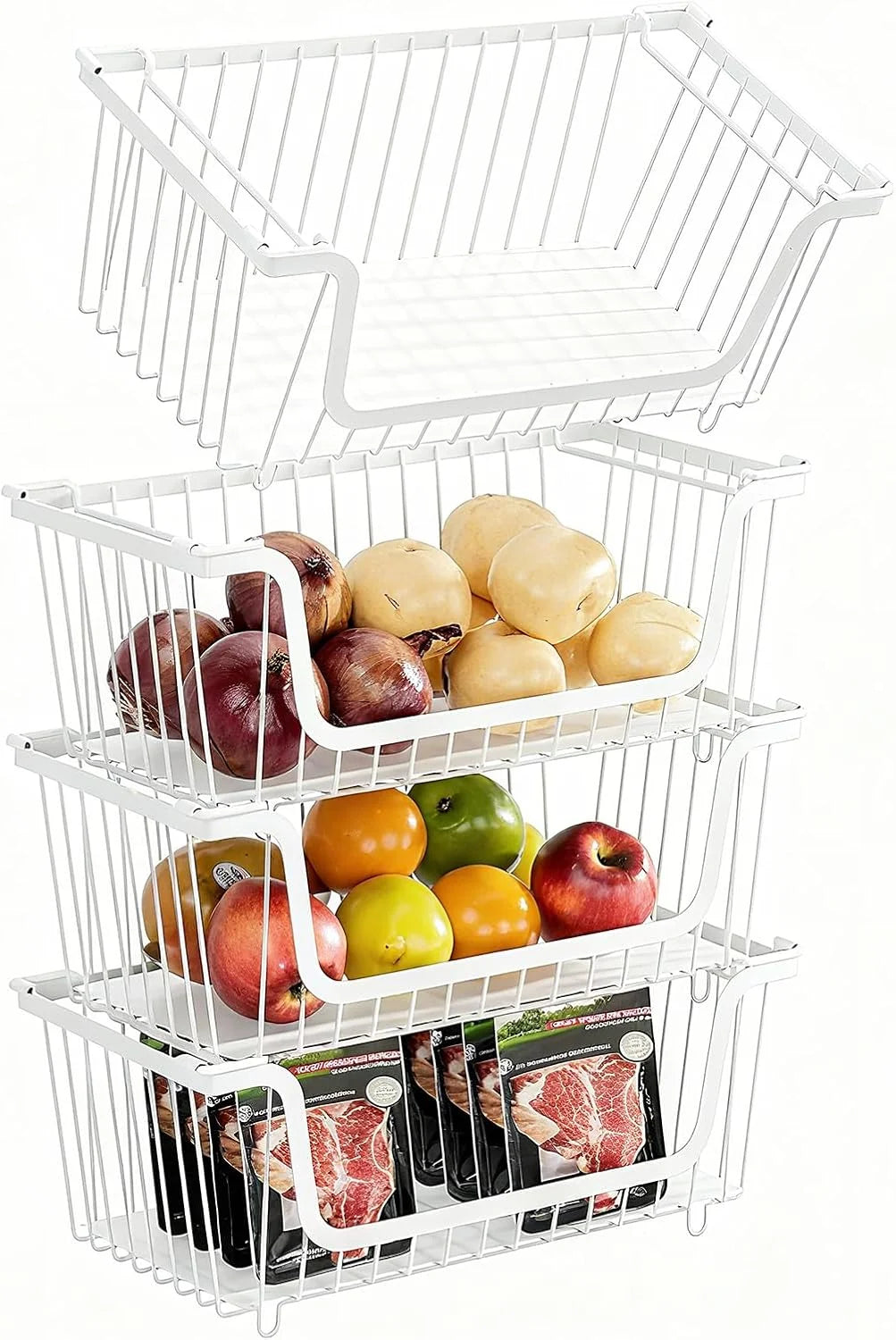 Stackable Wire Baskets Pantry Organizers and Storage Bins, Black, Breathable Metal Design with Rotating - Image 3