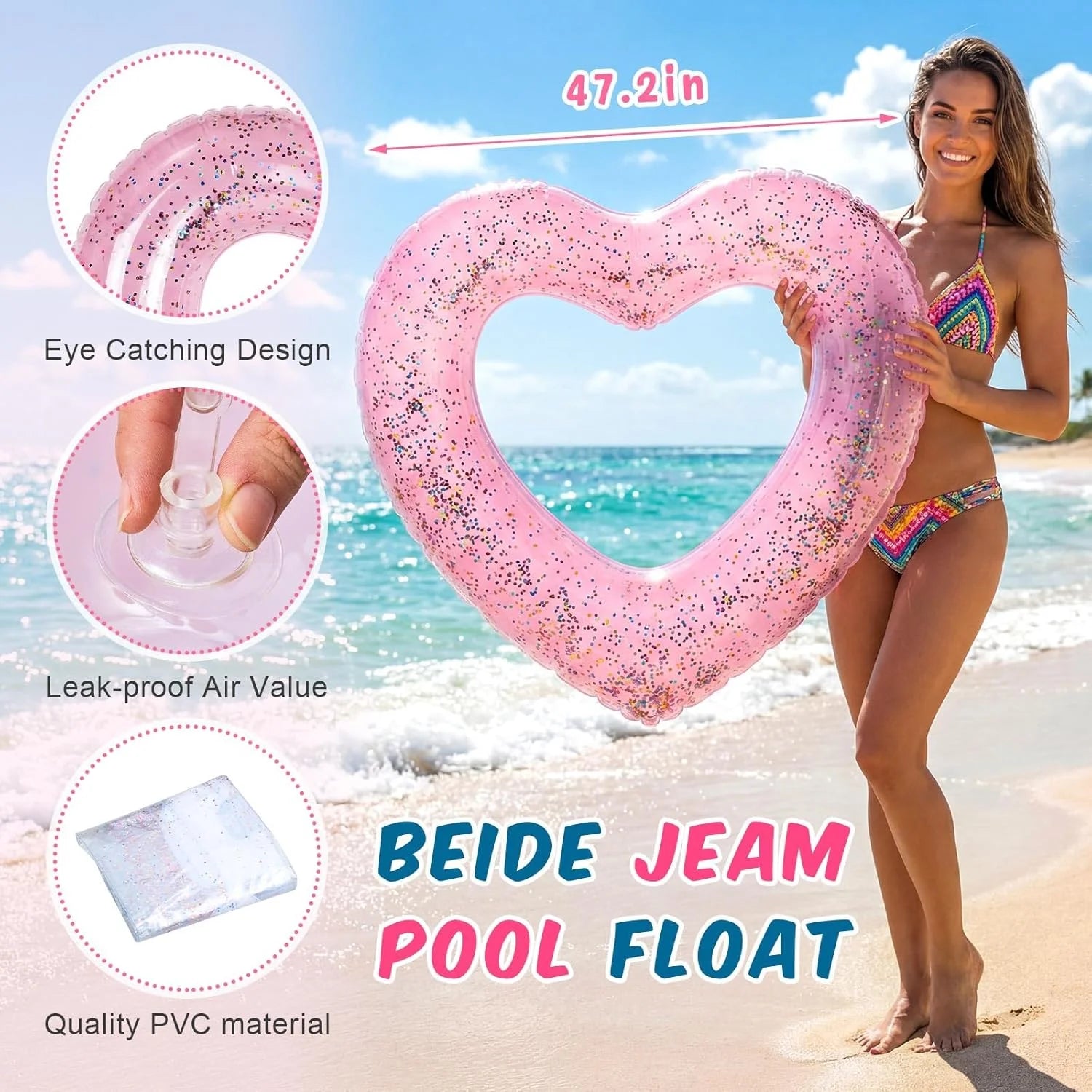 5 Pcs Bachelorette Pool Floats Set, Bride Pool Party Decor: 72 Glitter Bride Raft Lounger & 4 Heart Swim Rings bifanuoyard - Image 5