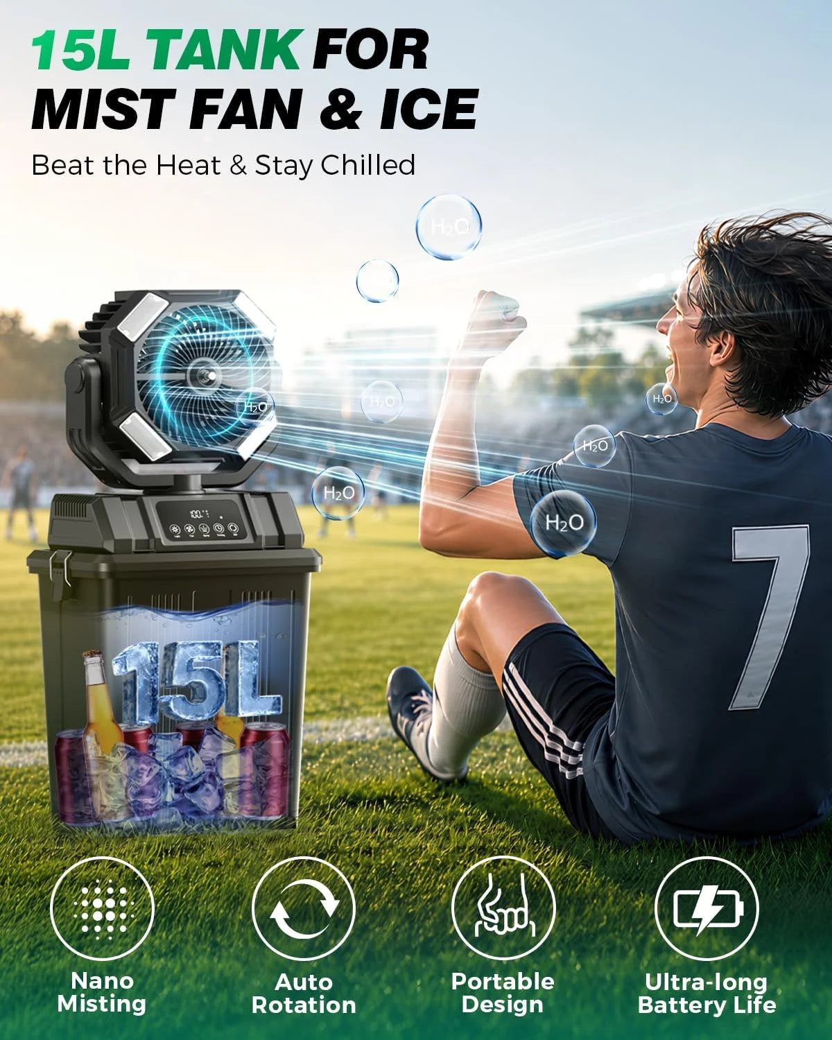 New Arrivals 40000mAh Misting Fans for Outside, 15L Portable Outdoor Cooling Fan with Auto Oscillation, LED Light - Image 2