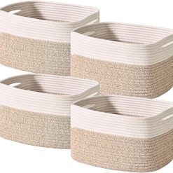 New Arrivals Baskets for Organizing 12.5×9.1×7.9 (4 Packs) Off White, Storage Bin for Shelves, Woven Cotton Rope Basket