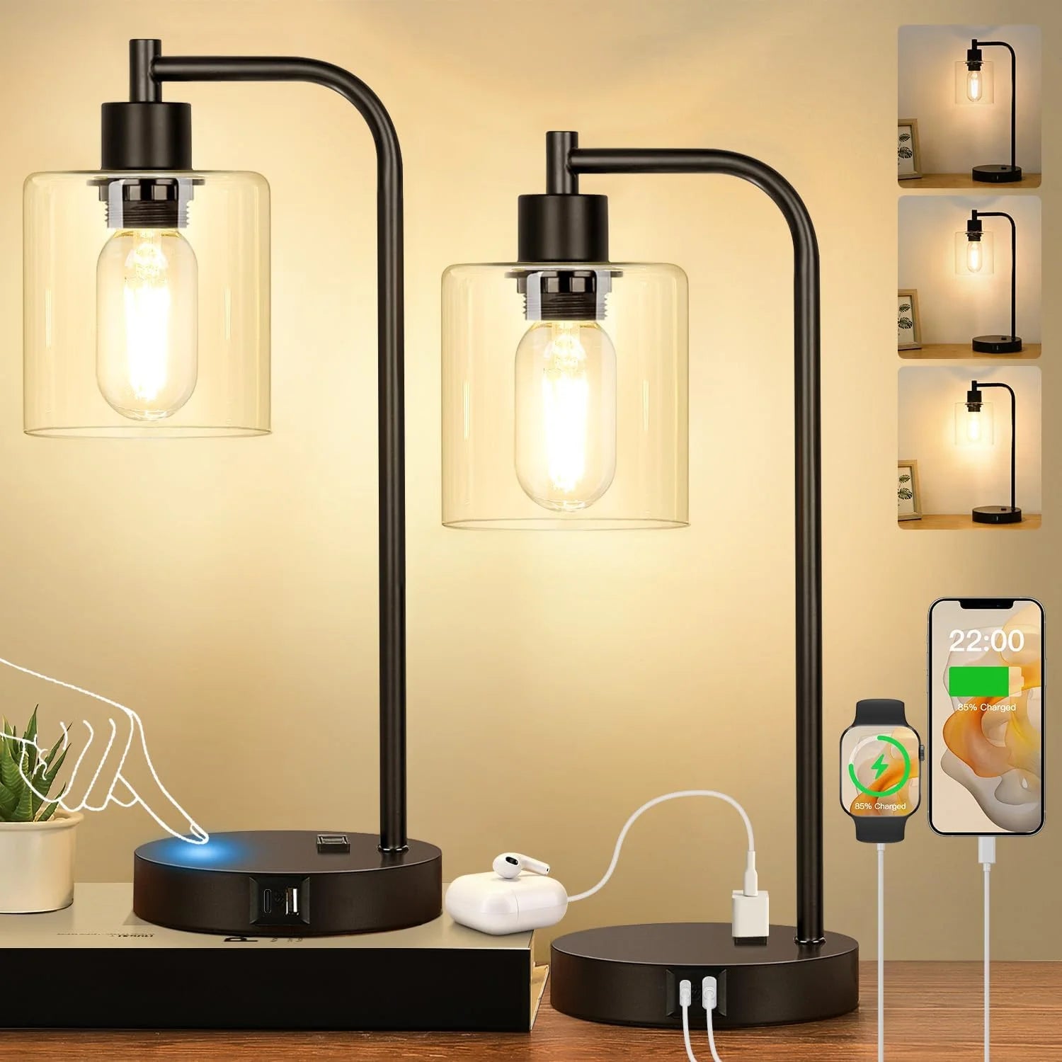 Set of 2 Industrial Touch Control Table Lamps with USB C+A Ports and AC Outlet, Dimmable, Bulb Included bifanuoyard - Image 10