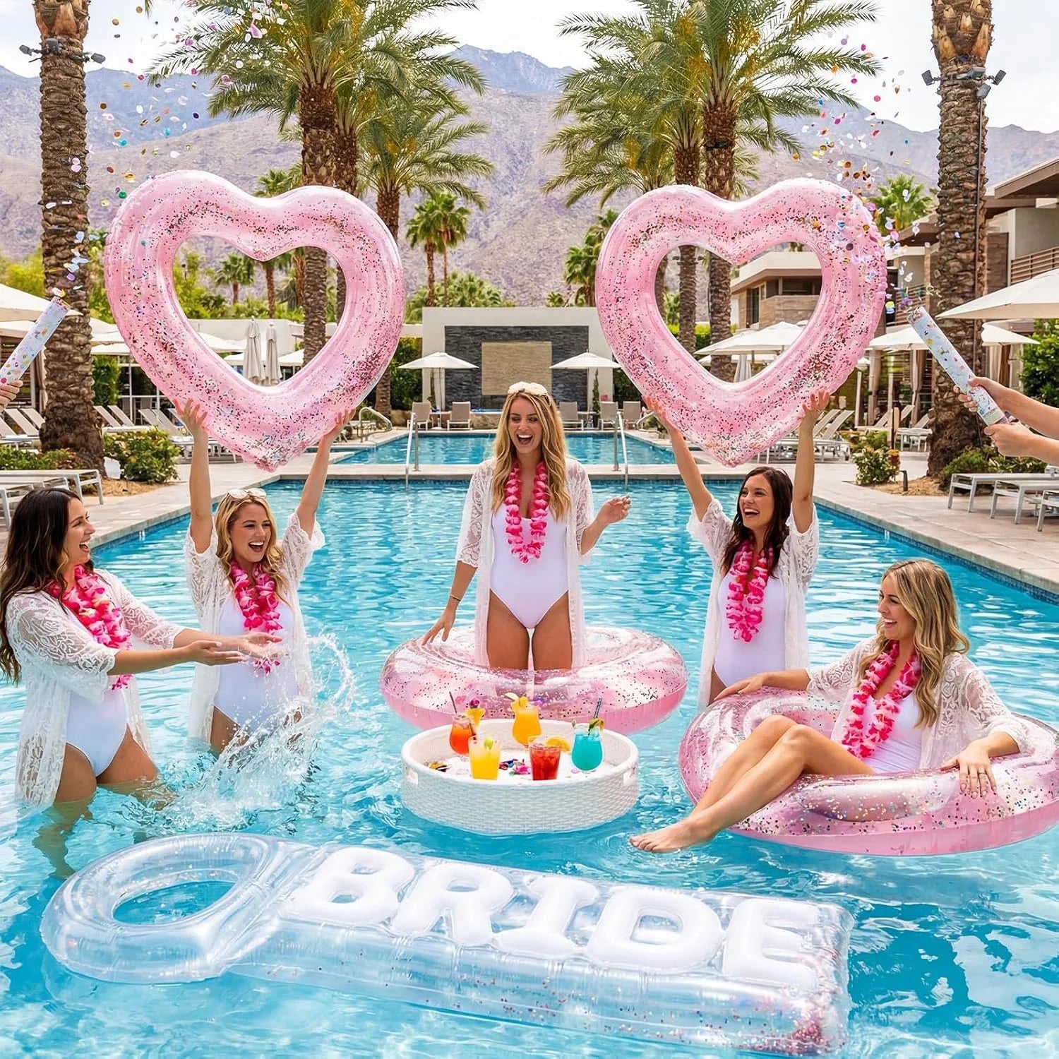 5 Pcs Bachelorette Pool Floats Set, Bride Pool Party Decor: 72 Glitter Bride Raft Lounger & 4 Heart Swim Rings bifanuoyard - Image 6