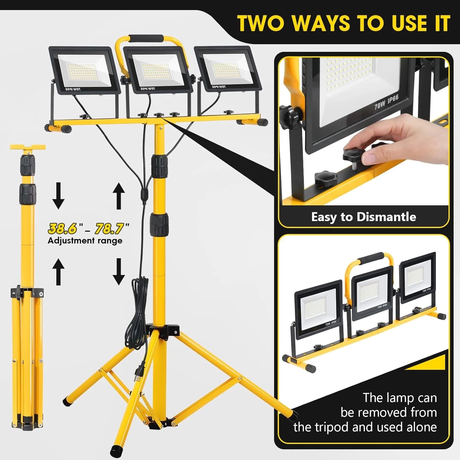 New Arrivals 21000Lumen LED Work Lights with Stand, 3 Head Portable Work Light with 16FT Cord, IP66 Waterproof Tripod - Image 5