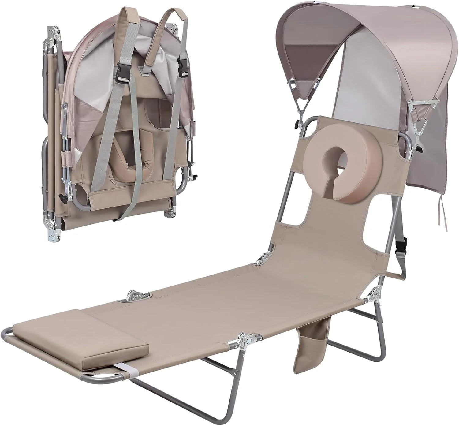 New Arrivals Beach Tanning Lounge Chair with Canopy Shade Face Hole Padded Adjustable Washable, 6 Position Layout Chair - Image 10