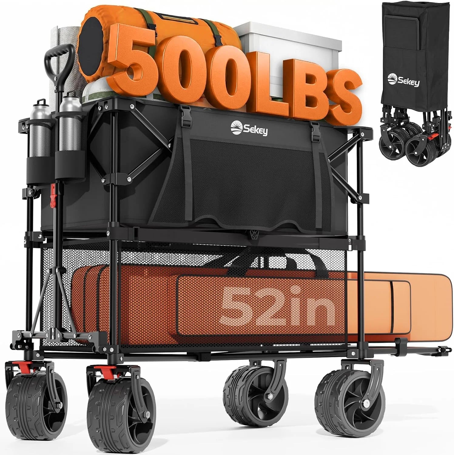 Sekey Double Decker Wagon, 500LBS Heavy Duty Collapsible Utility Cart with 400L Capacity & Extended Lower Shelf