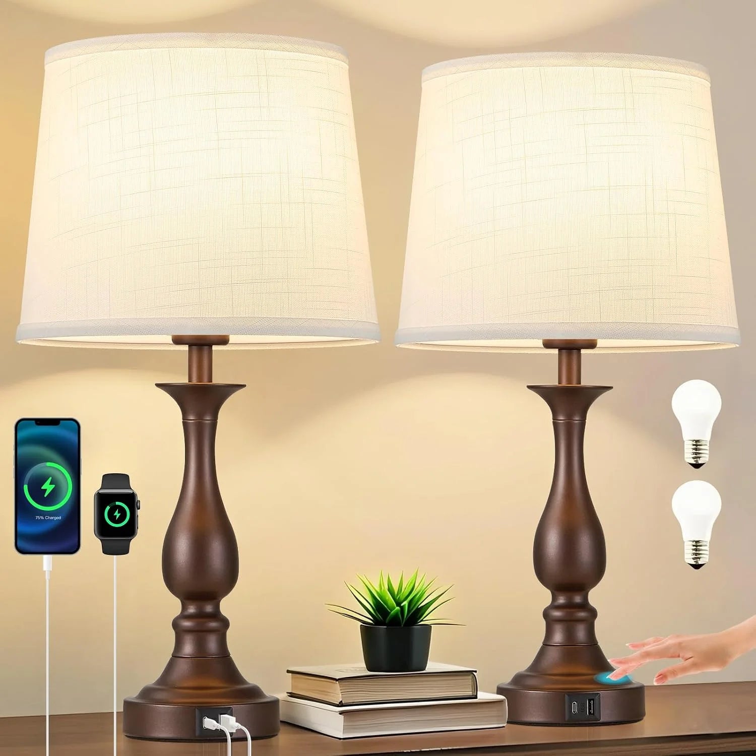 Bedside Table Lamp Touch Control Bedroom Lamps with USB A and C Charging Port 3 Way Dimmable Touch Lamps for Nightstand bifanuoyard - Image 9