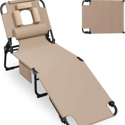 Alternative view of New Arrivals 400lbs Tanning Chair with Face Hole, 5-Position Folding Chaise Lounge Chair with Side Pockets