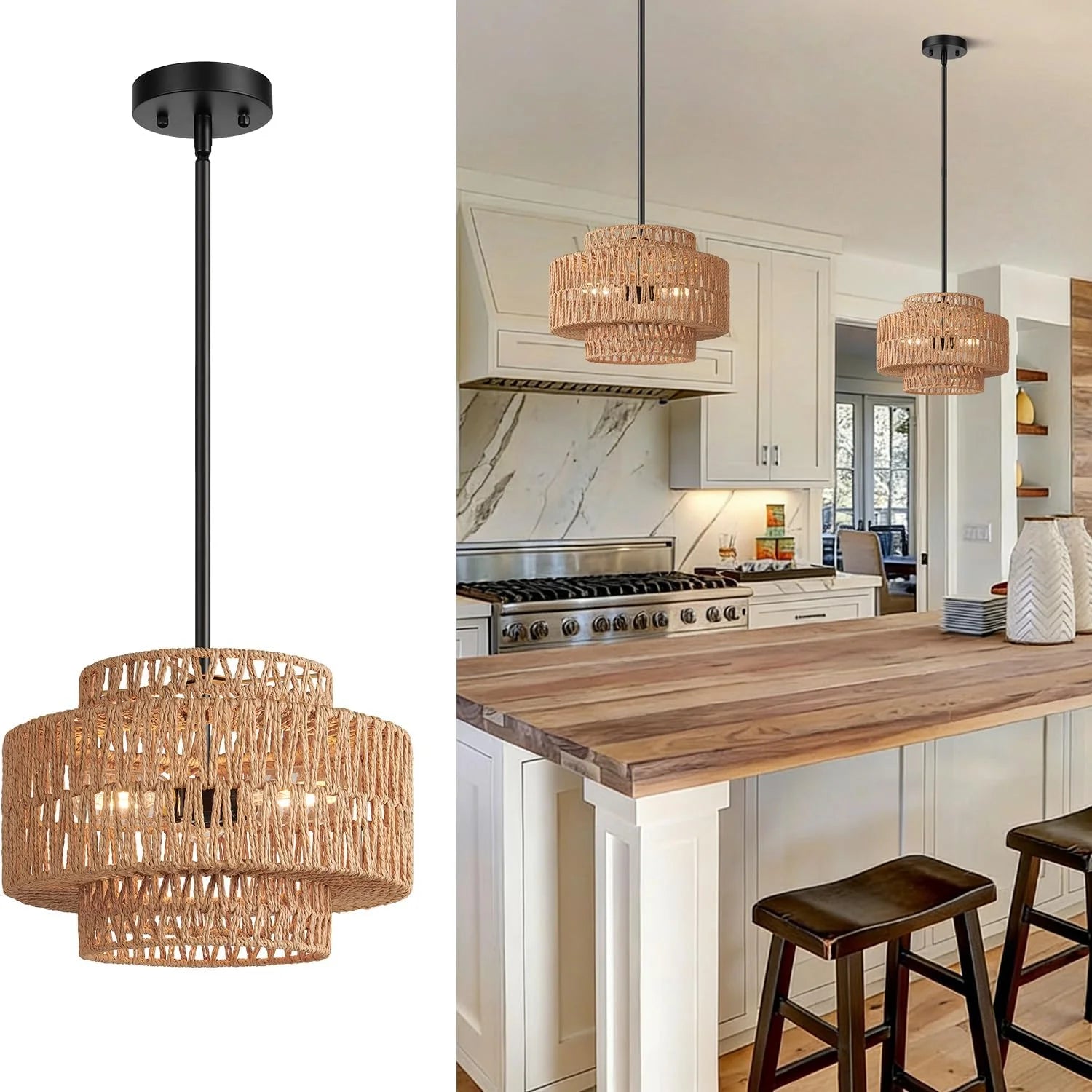 9-52 Height Adjustable Farmhouse Chandelier Light Fixture, 5-Light Rattan Boho Chandeliers for Dining Room bifanuoyard - Image 4