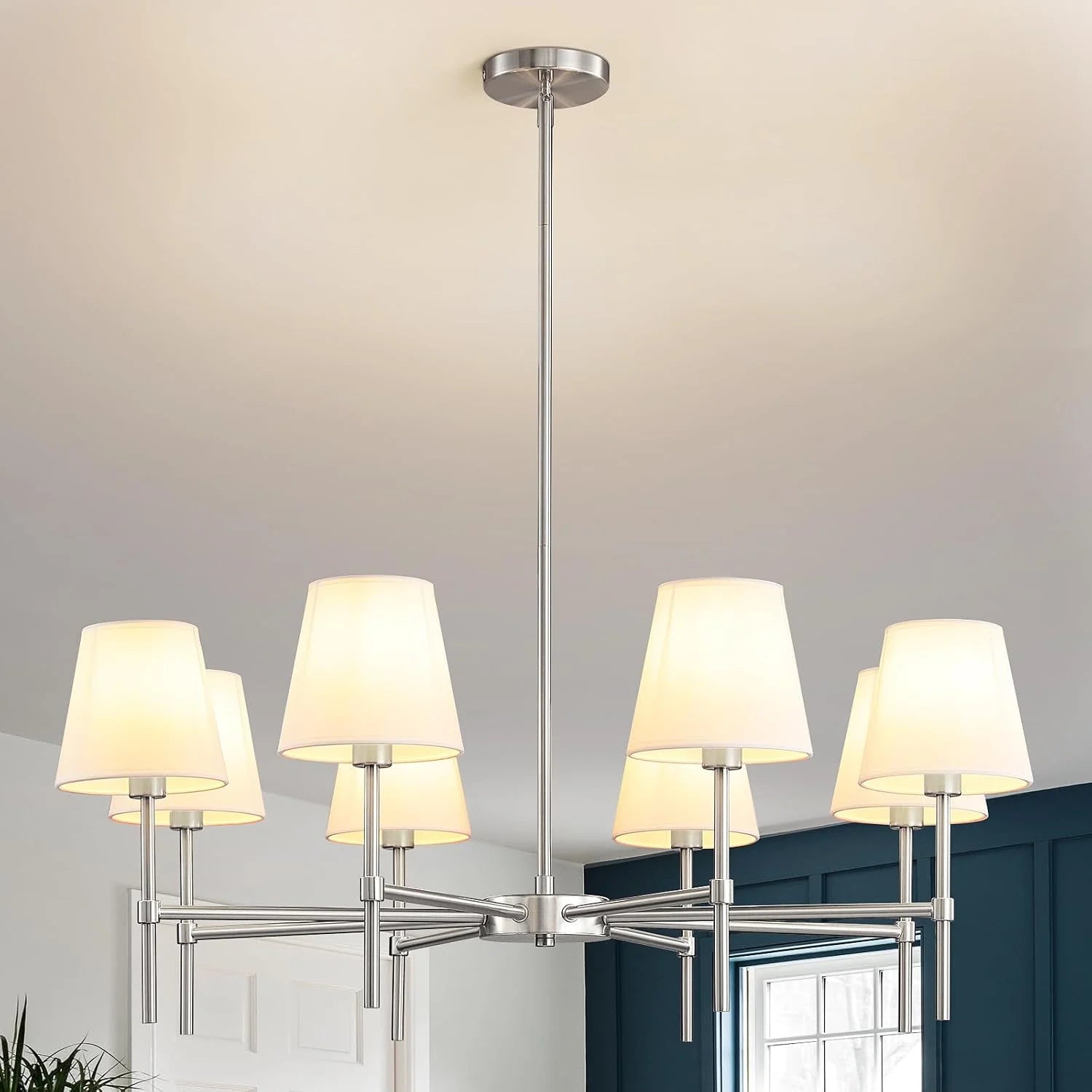 New Arrivals Dining Room Chandeliers Light, 5-Light Gold Modern Chandeliers Light Fixtures with White Fabric Shade