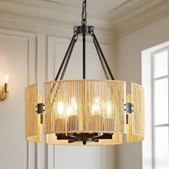 Alternative view of Large Farmhouse Chandeliers for Dining Room, 6-Light 19.7″ Rattan Boho Chandeliers with Wicker Lampshade