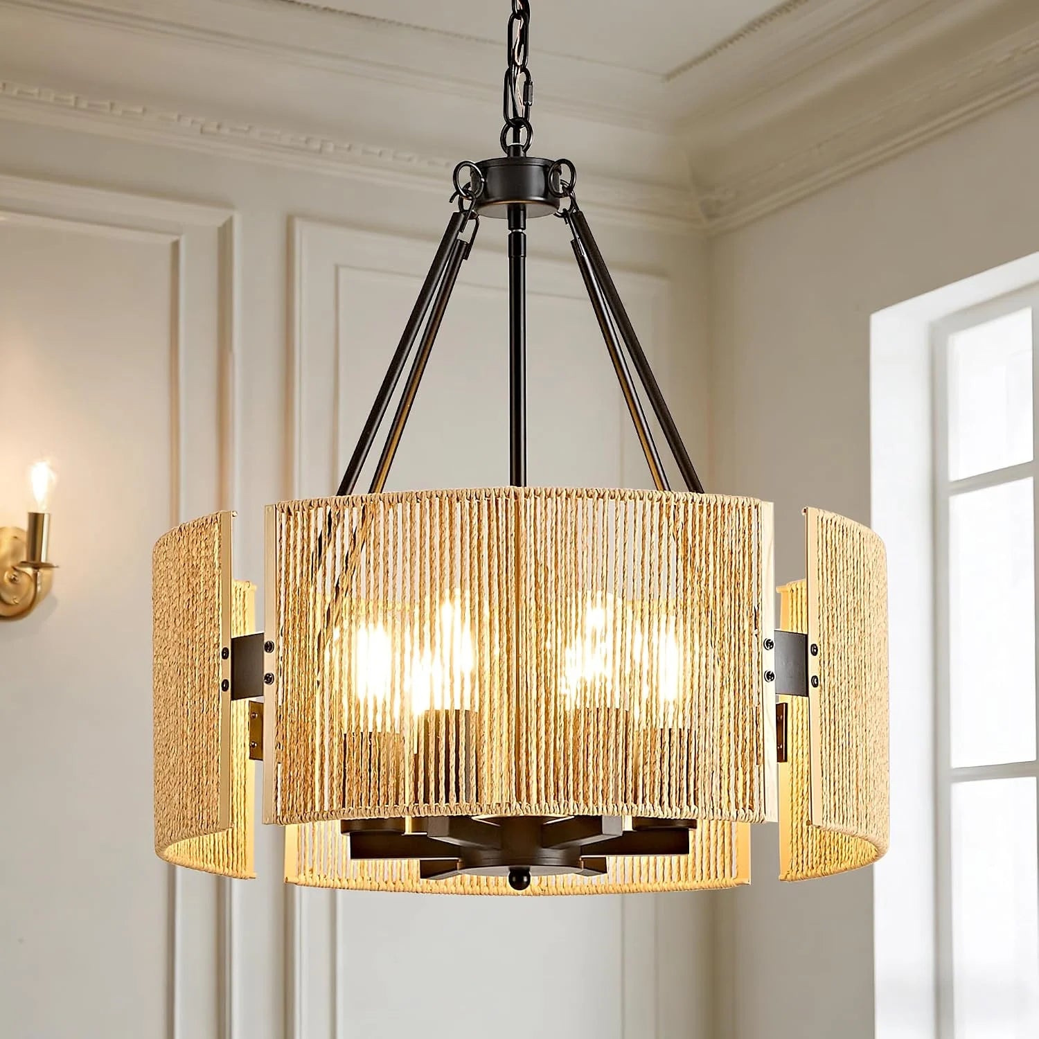 Large Farmhouse Chandeliers for Dining Room, 6-Light 19.7″ Rattan Boho Chandeliers with Wicker Lampshade - Image 2