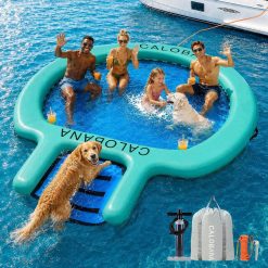 CALOBANA Water Hammock with Dog Boat Ramp, Inflatable Round Floating Ring for Adults Pets Heavy Duty Floating Dock bifanuoyard