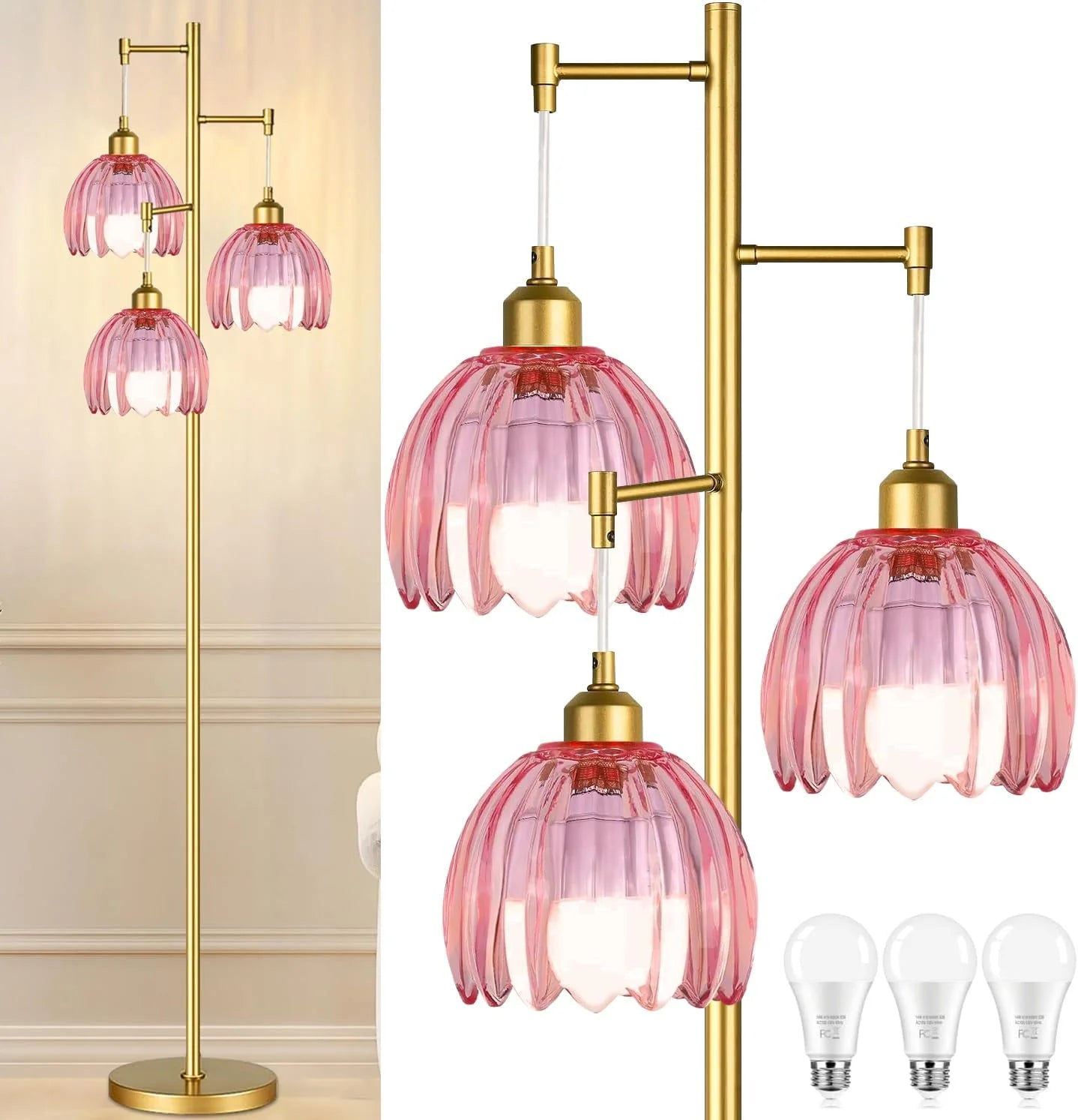 ZECOXOL Vintage Floor Lamp for Living Room Bedroom-3 Light Glass Floor Lamp with Three Led Bulb bifanuoyard - Image 15