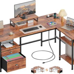 Furologee 66" L Shaped Desk with Power Outlet, Reversible Home Office Desk with File Drawer, 2 Monitor Stands bifanuoyard