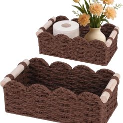New Arrivals Storage Organizing Baskets, Set of 2 Scalloped Edge Wicker Basket with Wooden Handles Toilet Paper