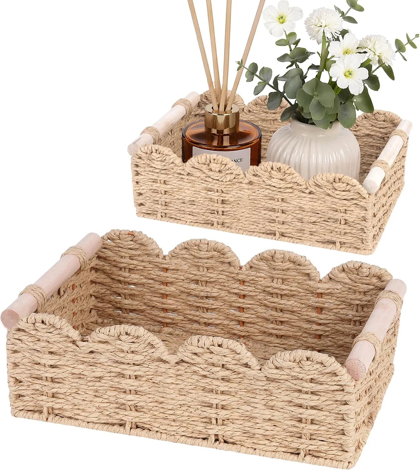 New Arrivals Storage Organizing Baskets, Set of 2 Scalloped Edge Wicker Basket with Wooden Handles Toilet Paper - Image 3