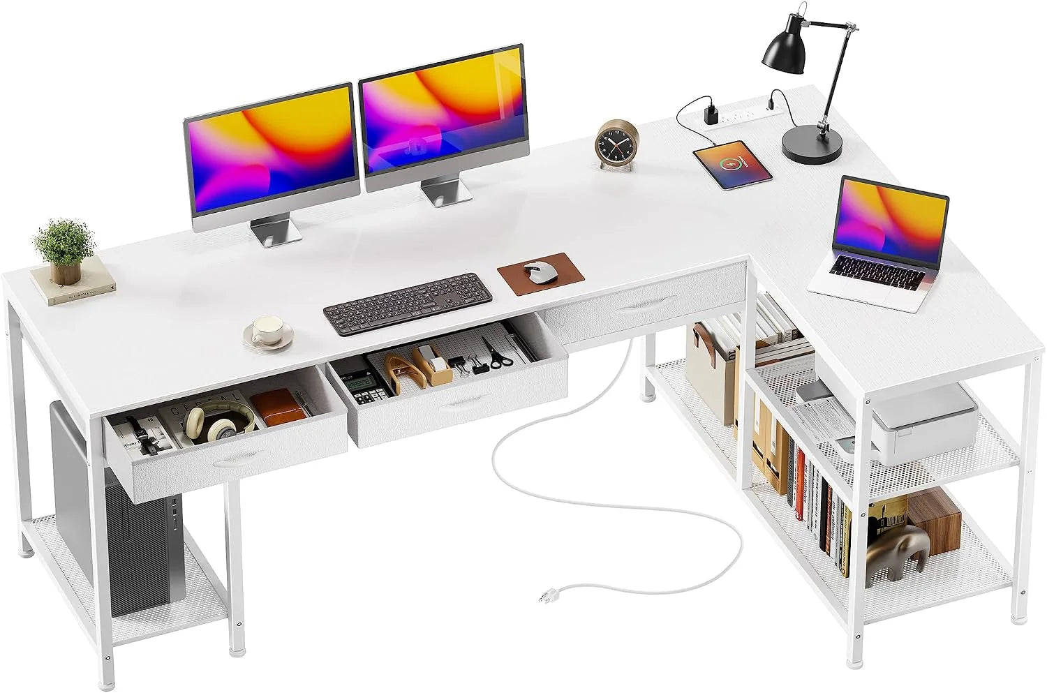 New Arrivals 55 Inch L Shaped Office Desk with Power Outlets and Type-C Port, Large Computer Gaming Desk with 3 Fabric - Image 3
