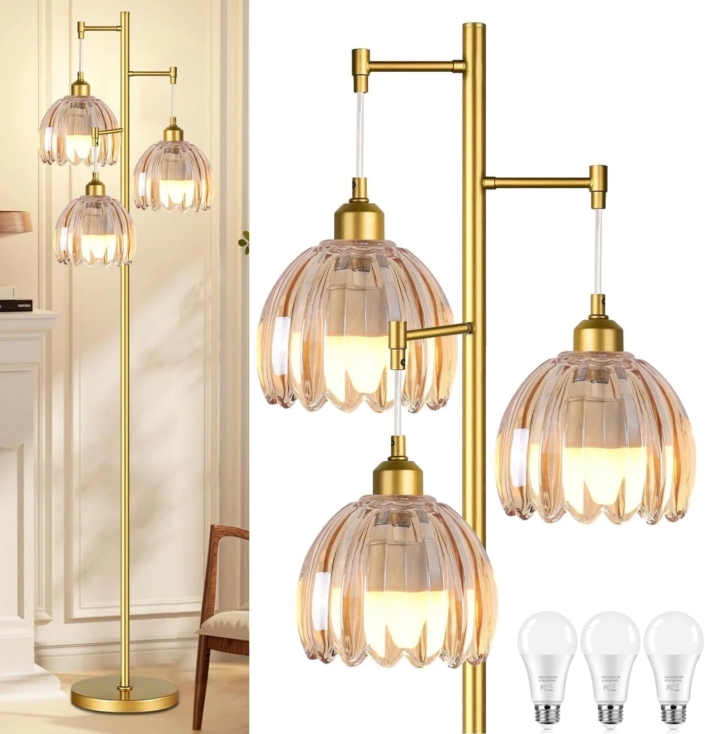 ZECOXOL Vintage Floor Lamp for Living Room Bedroom-3 Light Glass Floor Lamp with Three Led Bulb bifanuoyard - Image 11