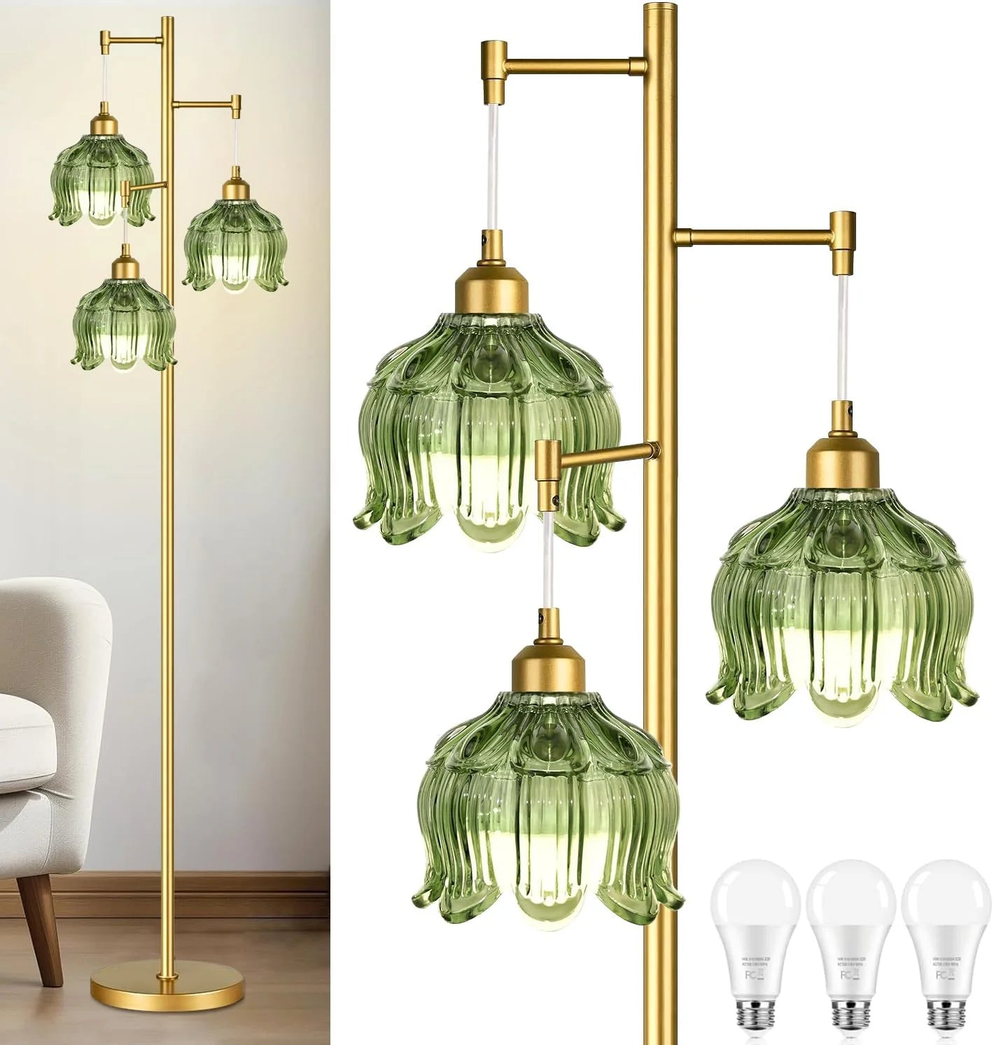 ZECOXOL Vintage Floor Lamp for Living Room Bedroom-3 Light Glass Floor Lamp with Three Led Bulb bifanuoyard