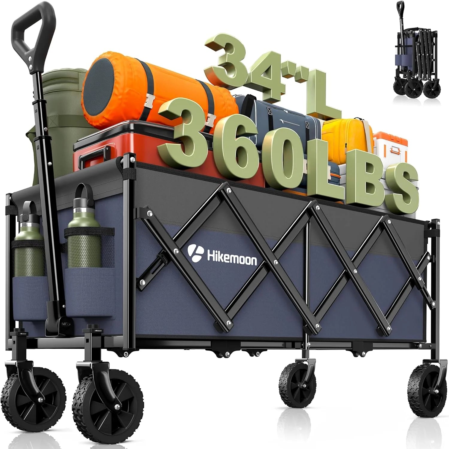 New Arrivals 34” Extra Long Folding Portable Wagon Cart, 120L 360LBS Black, Heavy Duty - Image 5