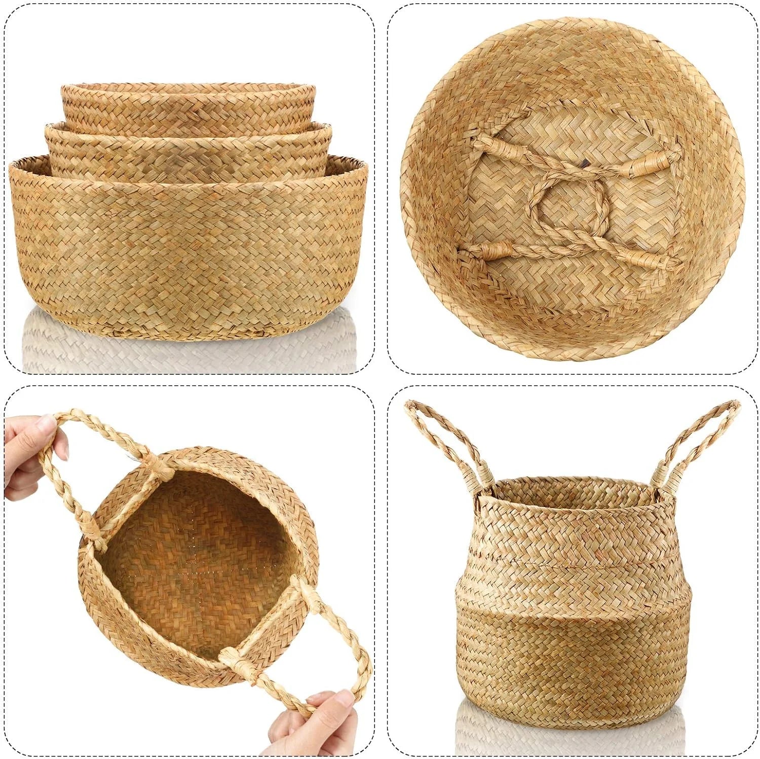 Woven Seagrass Belly Basket with Handles, Natural Color, Foldable Rattan Storage Bins for Plant Pot Holder - Image 4
