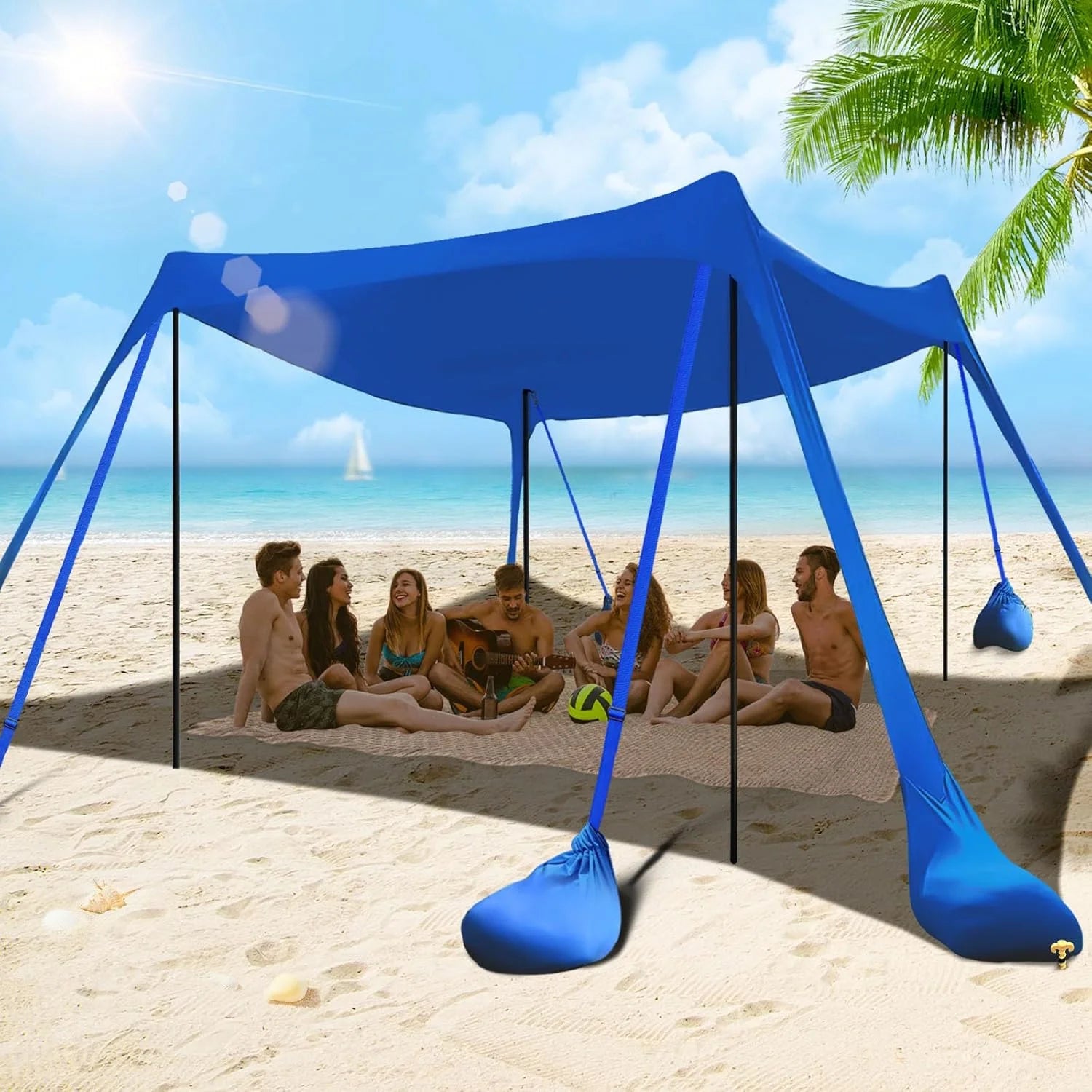 New Arrivals Beach Tent Sun Shelter 10x10FT Beach Shade Canopy with 8 Sandbags, UPF 50+ Protection Beach Shade Canopy - Image 2