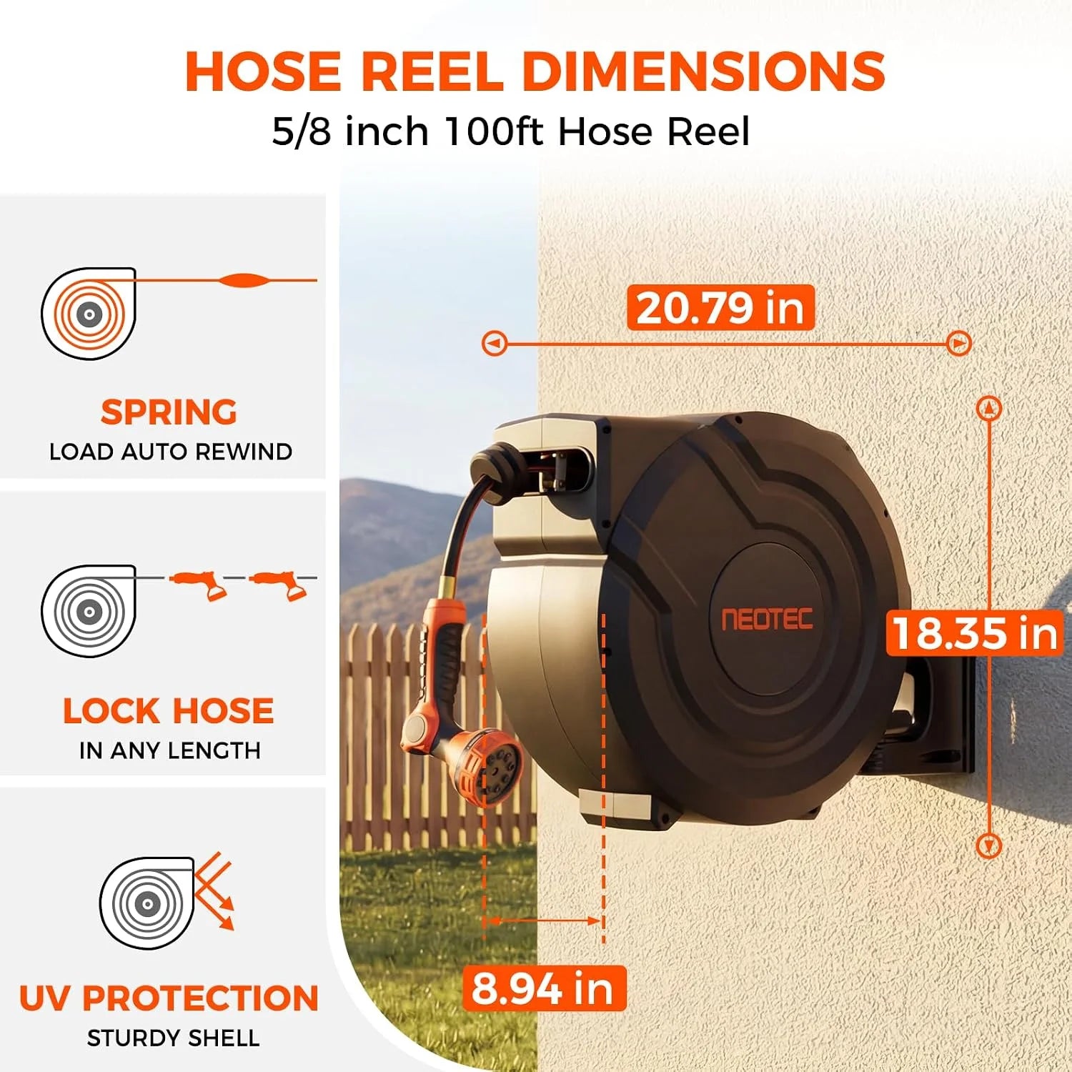 New Arrivals Retractable Garden Hose Reel 5/8 inch x 100 ft Wall-Mounted 9 Pattern Nozzle Any Length Lock Automatic Slow - Image 6