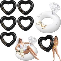 Alternative view of 6 Pcs Bachelorette Pool Floats, 1 Diamond Ring & 5 Pink Heart Loungers, Inflatable Party Decorations for Bridal