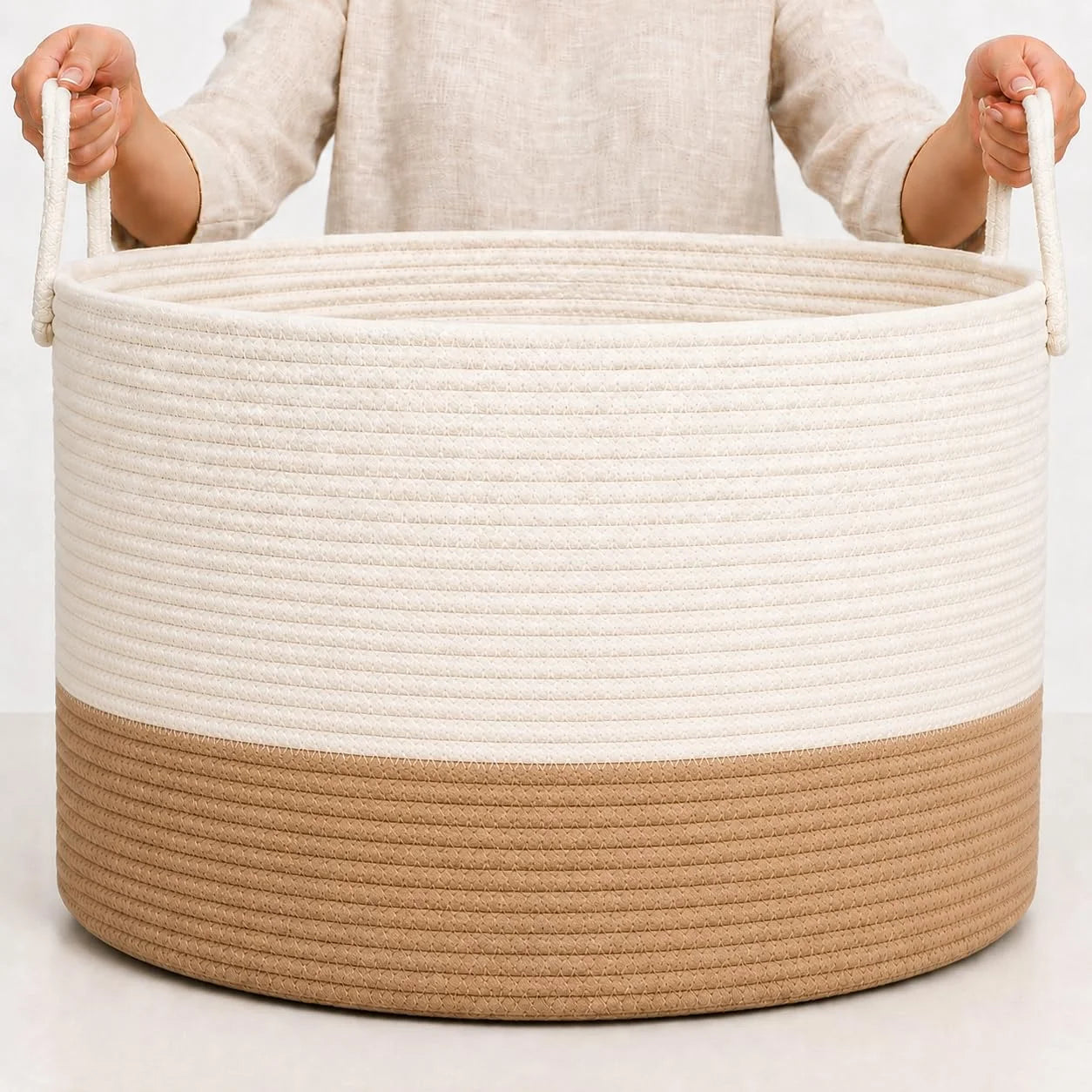 OrganiHaus Round Toy Basket & Blanket Basket, Cotton Rope 20×13, Full Honey, Round Cotton Rope Basket, 20×13 bifanuoyard - Image 14