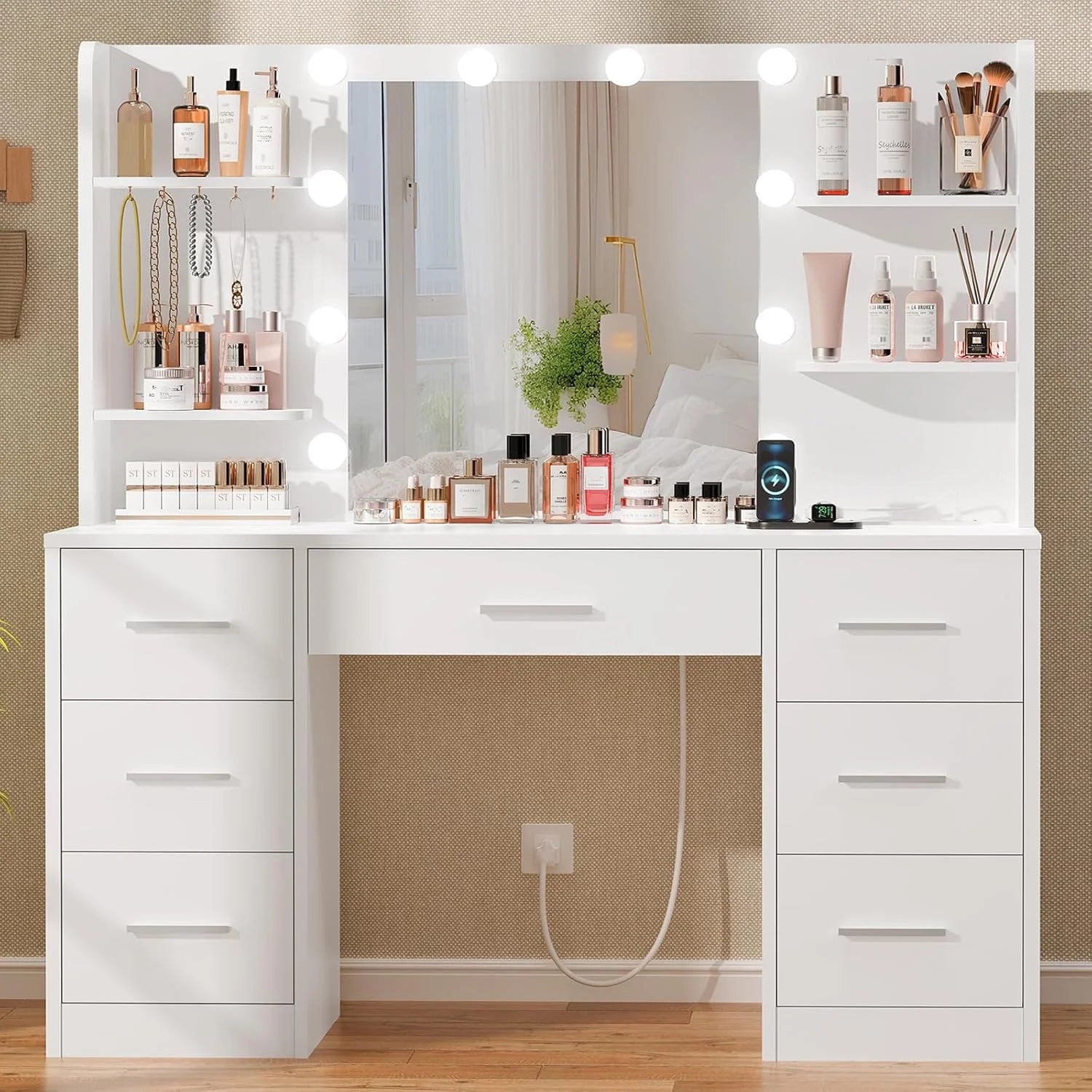New Arrivals Large Vanity Desk with LED Lighted Mirror & Power Outlet, Makeup Vanity Table with 7 Drawers