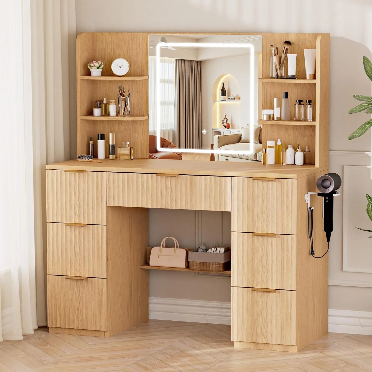 New Arrivals 43 Large White Makeup Vanity Desk with Charging Station, Smart LED Mirror, 7 Drawers, 4 Shelves - Image 2