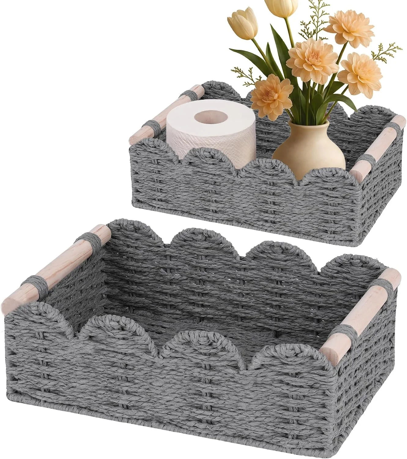 New Arrivals Storage Organizing Baskets, Set of 2 Scalloped Edge Wicker Basket with Wooden Handles Toilet Paper - Image 5