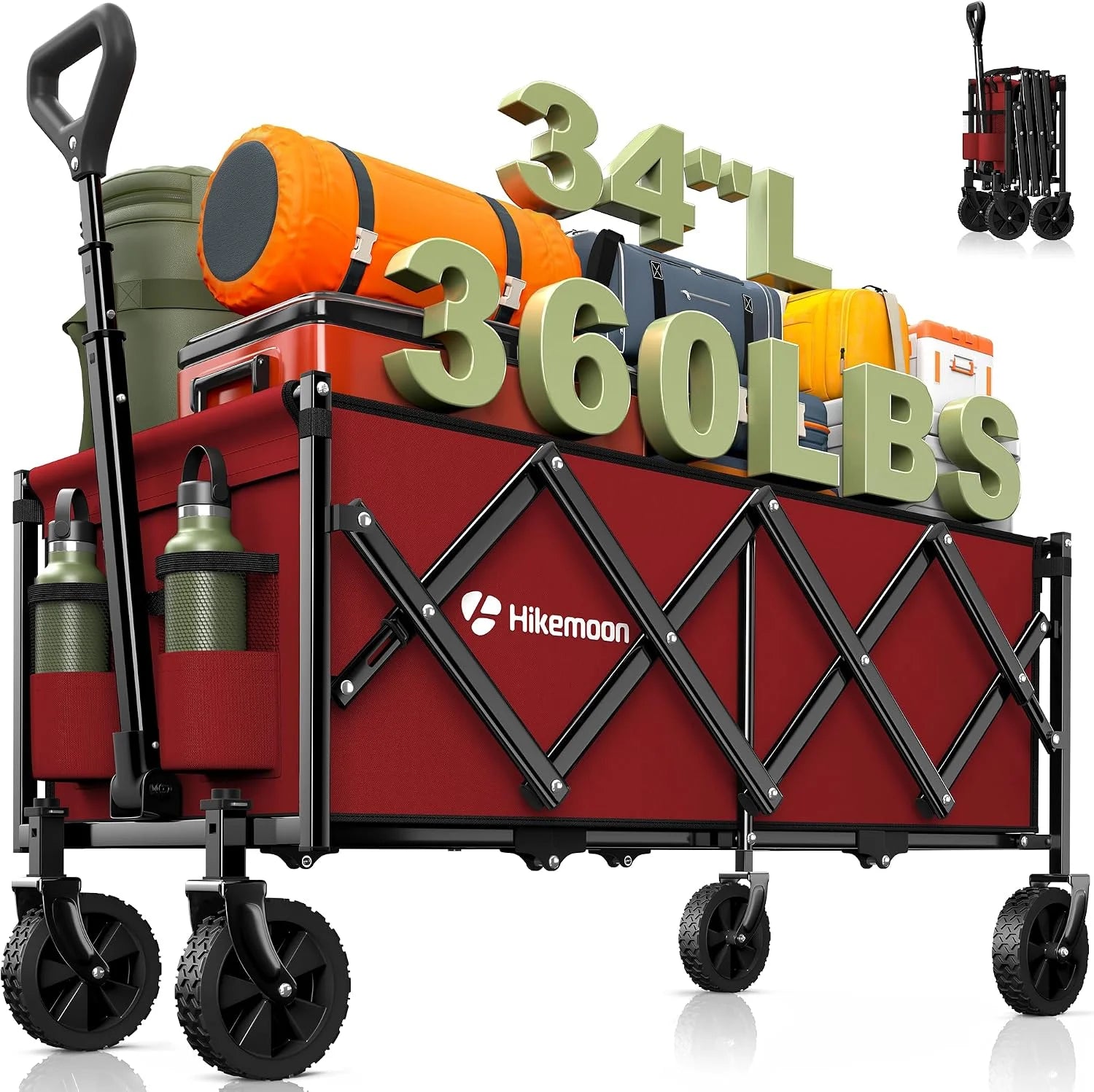 New Arrivals 34” Extra Long Folding Portable Wagon Cart, 120L 360LBS Black, Heavy Duty - Image 7