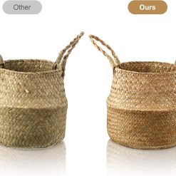 Alternative view of Woven Seagrass Belly Basket with Handles, Natural Color, Foldable Rattan Storage Bins for Plant Pot Holder