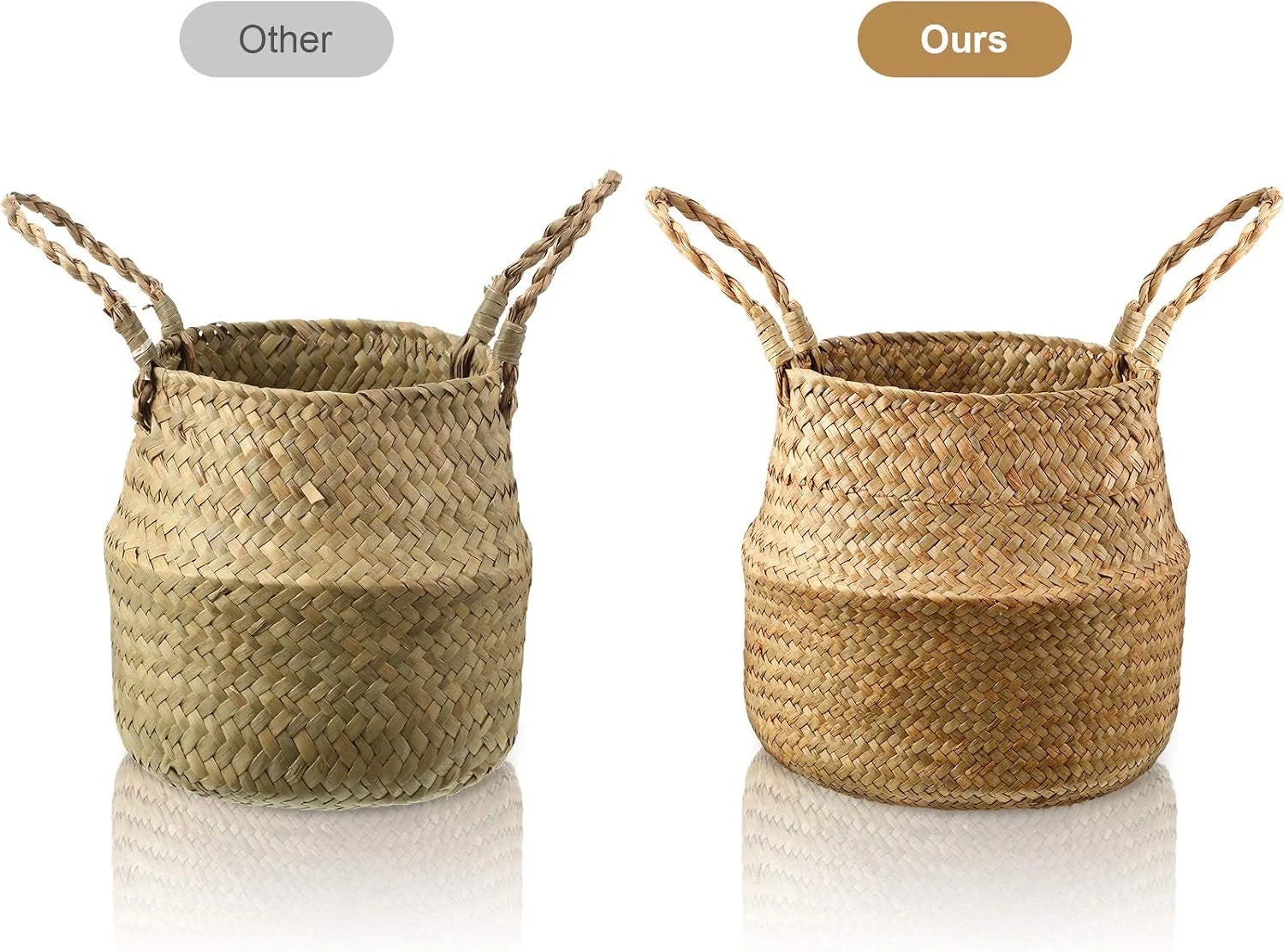 Woven Seagrass Belly Basket with Handles, Natural Color, Foldable Rattan Storage Bins for Plant Pot Holder - Image 2