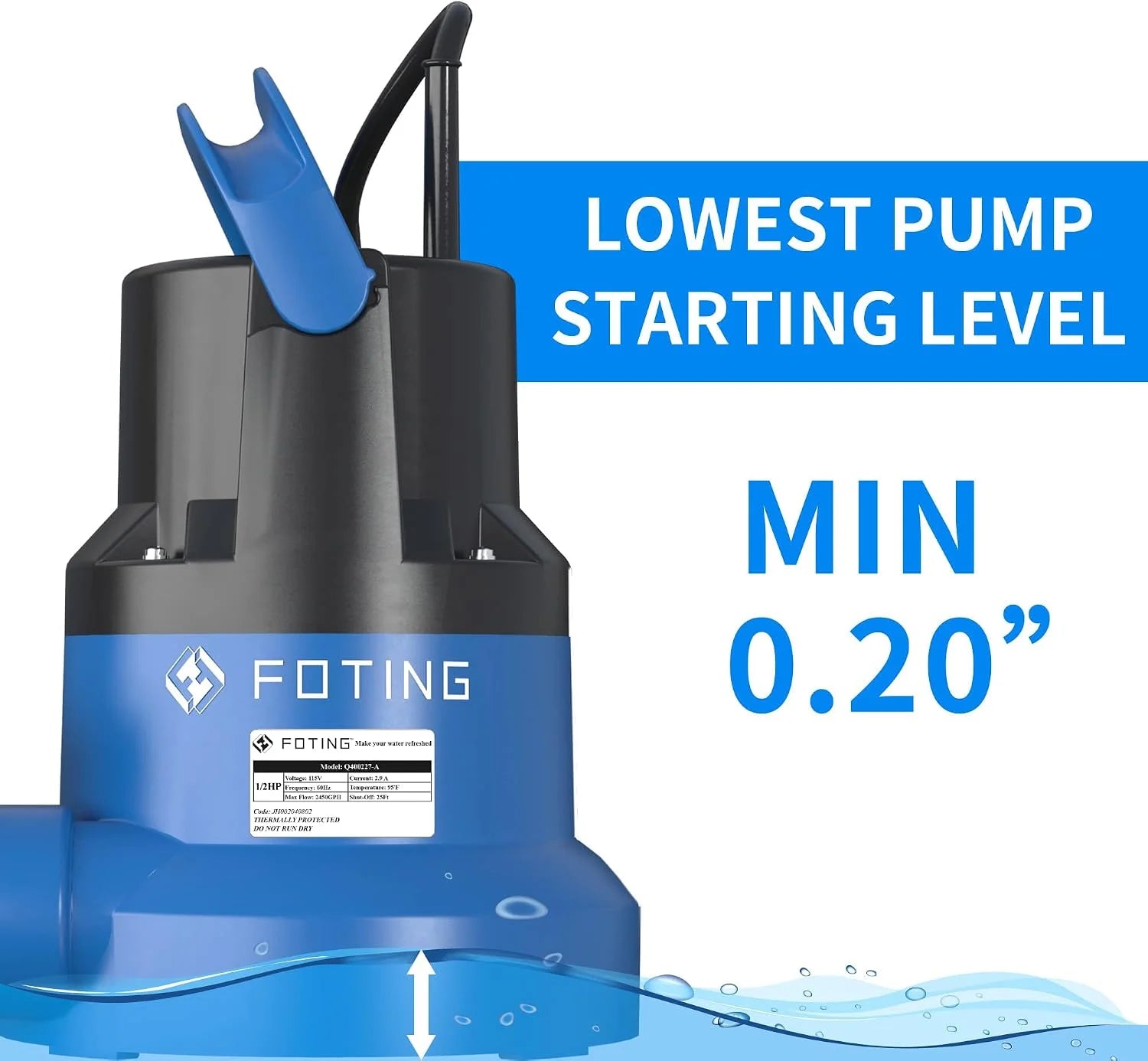New Arrivals 1/2HP Submersible Water Pump with Stainless Steel Base, Removes Water to 0.04 Depth, 2450GPH Portable Sump Pump - Image 9