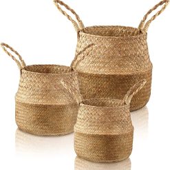 Woven Seagrass Belly Basket with Handles, Natural Color, Foldable Rattan Storage Bins for Plant Pot Holder