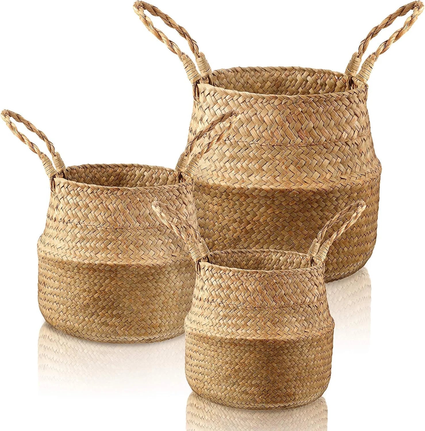 Woven Seagrass Belly Basket with Handles, Natural Color, Foldable Rattan Storage Bins for Plant Pot Holder