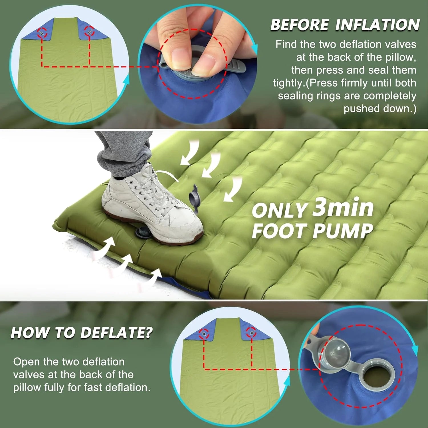 Pretyw Double Sleeping Pad for Camping, 5.5 Ultra-Thick Camping Mattress with Pillow, Built-in Foot Pump bifanuoyard - Image 5
