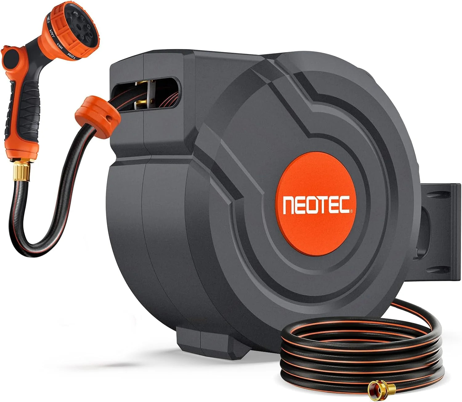 New Arrivals Retractable Garden Hose Reel 5/8 inch x 100 ft Wall-Mounted 9 Pattern Nozzle Any Length Lock Automatic Slow