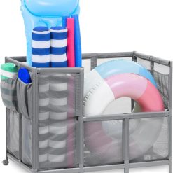 New Arrivals Coast Modern Pool Organizer for Floats and Toys – Extra Large Mesh Pool Storage Bin for Outdoors – Gray
