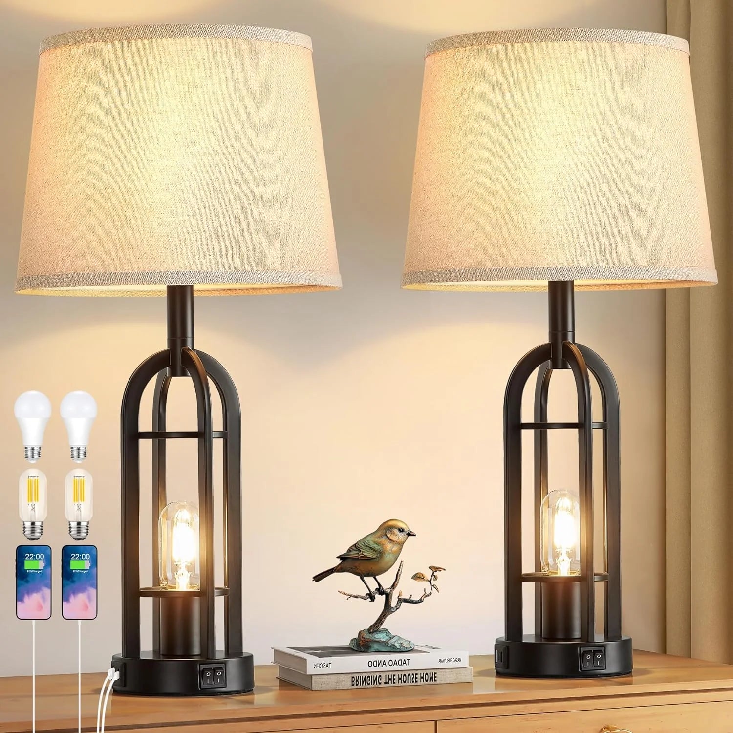 New Arrivals Black Table Lamps for Living Room Set of 2, Farmhouse Lamps for Night Stands with USB A+C - Image 4