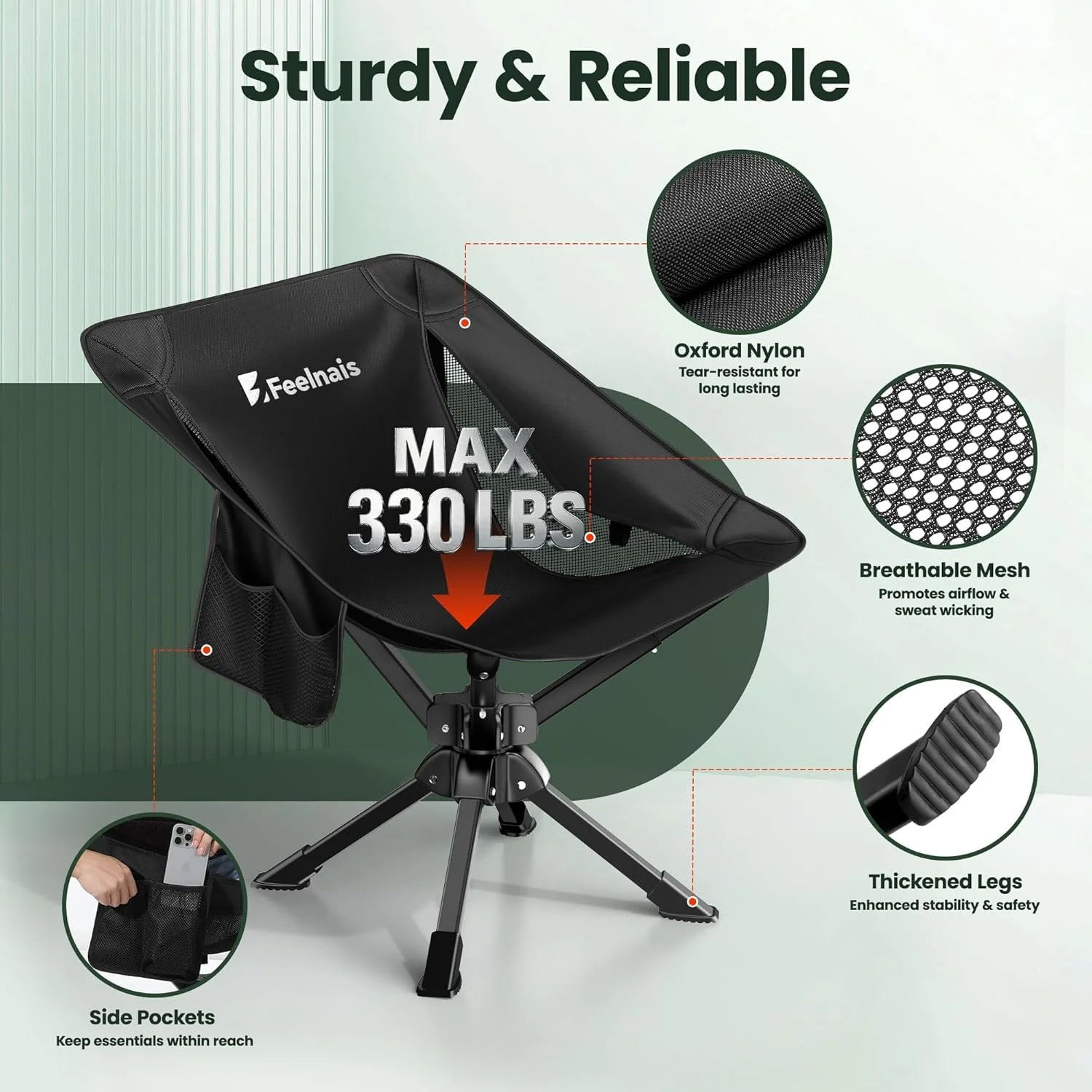 Feelnais Portable Camping Chairs Compact, 360° Swivel Folding Chair, Lightweight 3.5lbs, Metal Frame Holds up to 330lbs bifanuoyard - Image 4