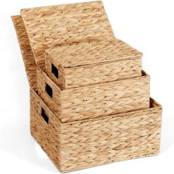 Storage Baskets for Organizing 3 Pack, Natural Water Hyacinth Ratten Baskets with Wooden Handles, Decorative