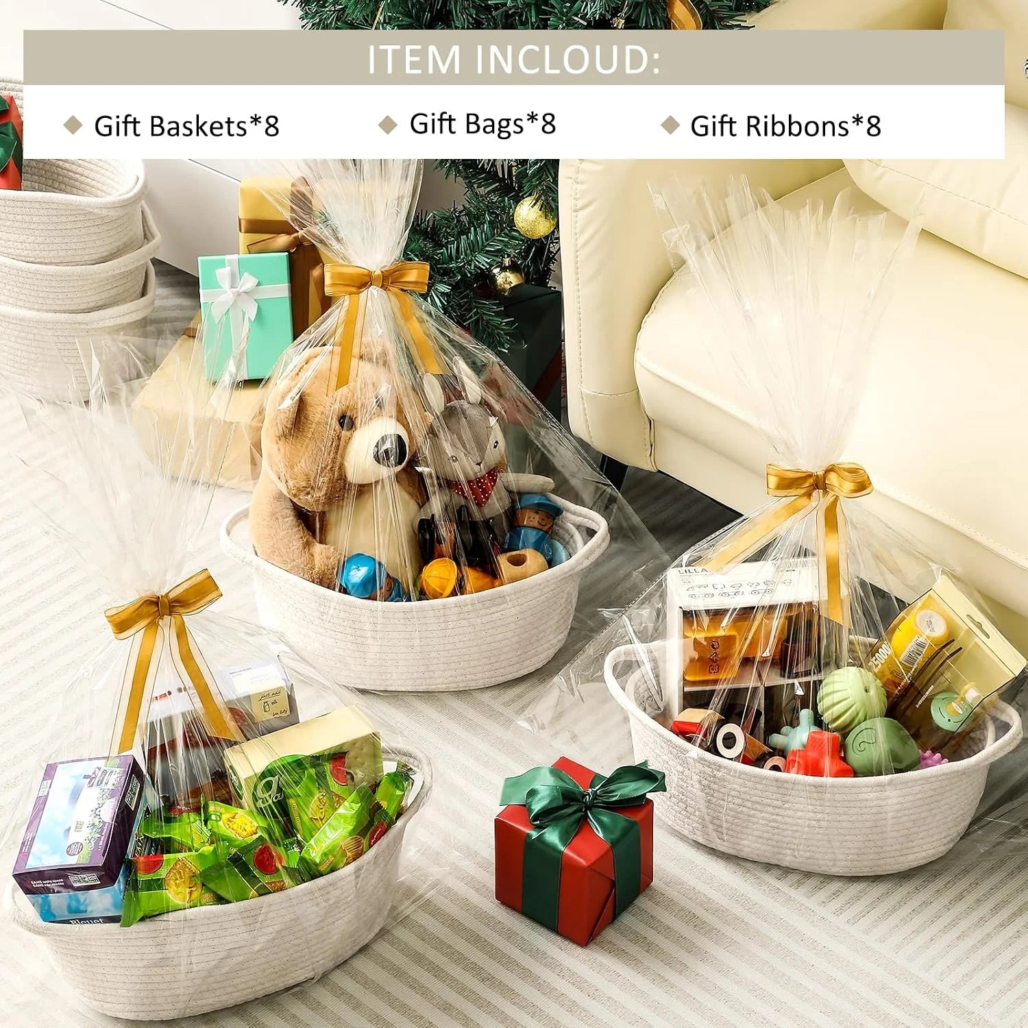 New Arrivals Small Woven Basket with Gift Bags and Ribbons, All 12x 8x 5, Empty Decorative Gift Chest Box, Cute Baby - Image 2