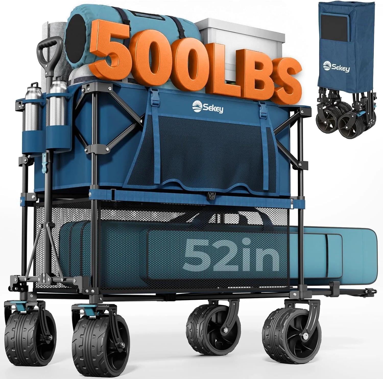 Sekey Double Decker Wagon, 500LBS Heavy Duty Collapsible Utility Cart with 400L Capacity & Extended Lower Shelf - Image 2