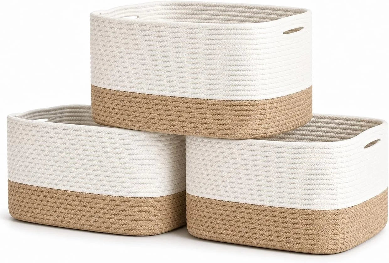 OrganiHaus Cotton Rope Baskets for Shelves, Set of 3, 15x9x10, Handwoven, a toy bin and organizer for towels bifanuoyard