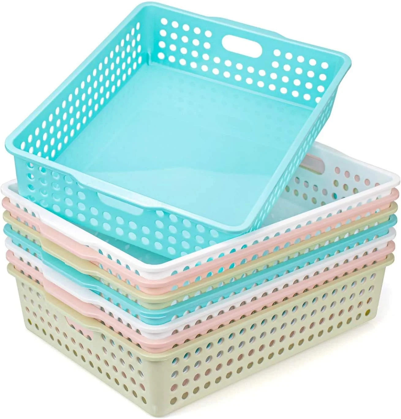 New Arrivals Plastic Storage Baskets, Colorful Paper Organizer Baskets Plastic Shelf Bins with Handles, Classroom Office