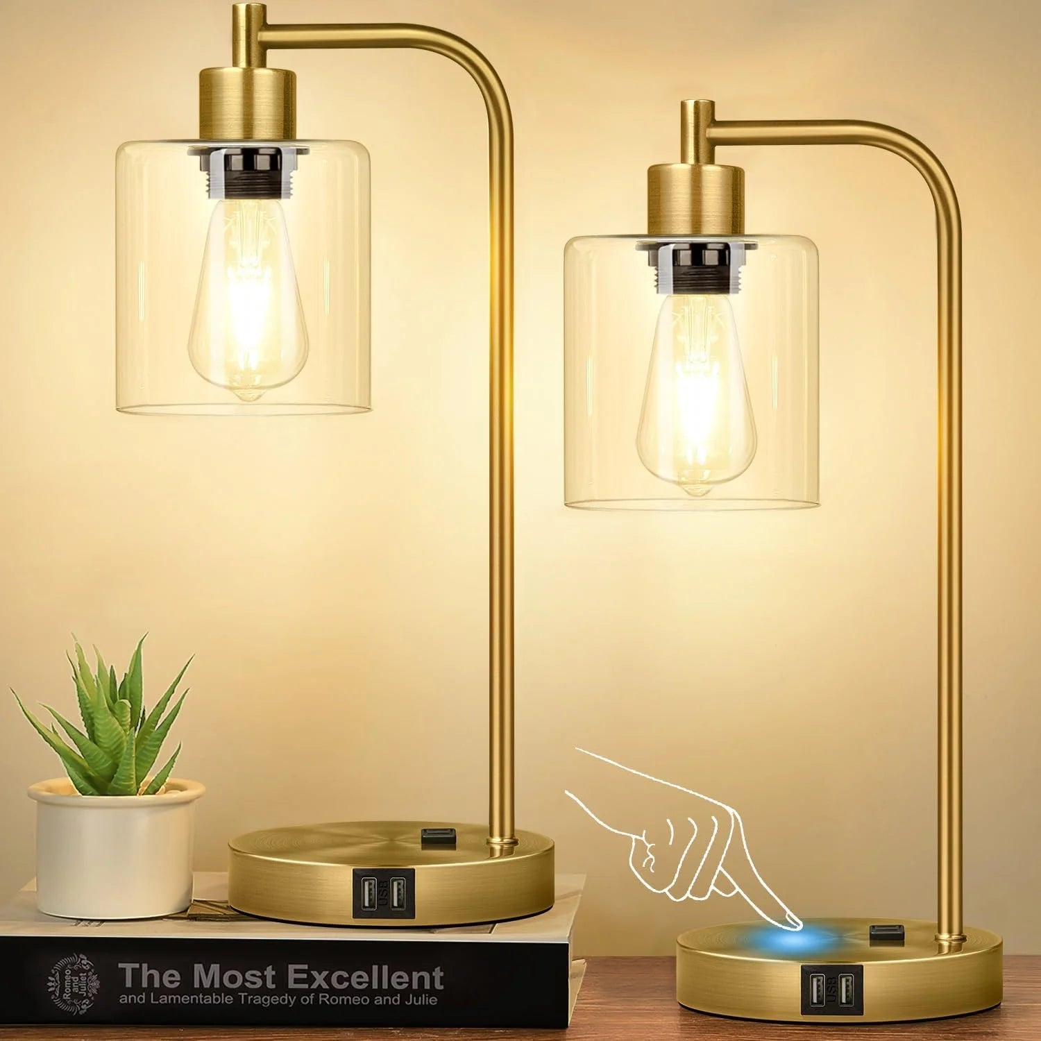 Set of 2 Industrial Touch Control Table Lamps with USB C+A Ports and AC Outlet, Dimmable, Bulb Included bifanuoyard - Image 2