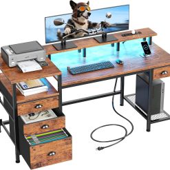 Alternative view of Furologee 60 Black Computer Desk with 4 Drawers and Printer Space, Gaming Desk with LED Lights and USB Power Outlets bifanuoyard